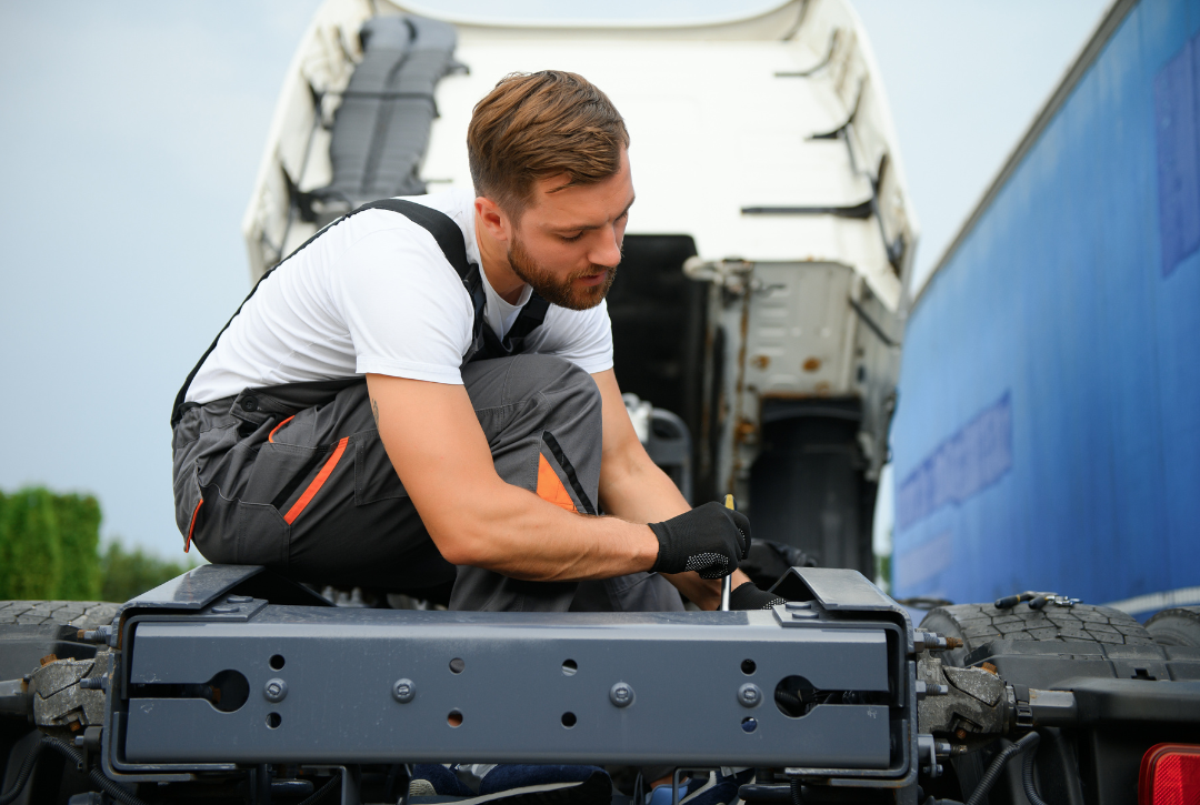 A mechanic on the side of the road performing a mobile truck repair